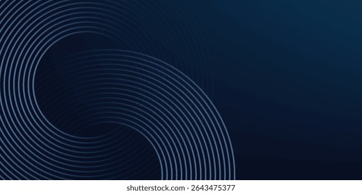 Abstract blue glowing geometric lines on dark blue background. Modern shiny blue circle lines pattern. Futuristic technology concept. Suit for cover, poster, banner, header, website.