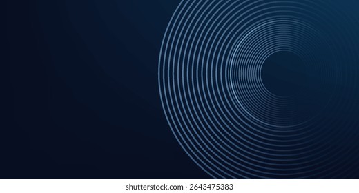 Abstract blue glowing geometric lines on dark blue background. Modern shiny blue circle lines pattern. Futuristic technology concept. Suit for cover, poster, banner, header, website.
