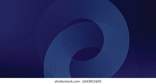 Linhas geométricas brilhantes em azul escuro no fundo. Padrão moderno de linhas de círculo azul brilhante. Conceito de tecnologia futurista. Terno para capa, cartaz, banner, brochura, cabeçalho, site