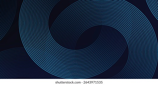 Abstract blue glowing geometric lines on dark blue background. Modern shiny blue circle lines pattern. Futuristic technology concept. Suit for cover, poster, banner, brochure, header, website