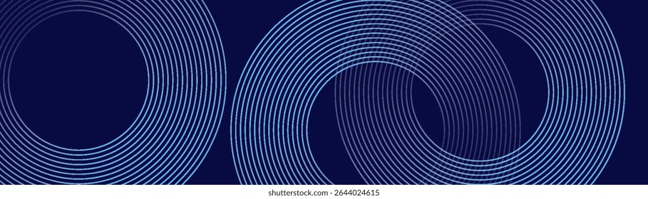 Abstract blue glowing geometric lines on dark blue background. Modern shiny blue circle lines pattern. Futuristic technology concept. Suit for cover, poster, banner, brochure, header, website