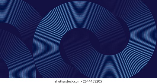 Linhas geométricas brilhantes em azul escuro no fundo. Padrão moderno de linhas de círculo azul brilhante. Conceito de tecnologia futurista. Terno para capa, cartaz, banner, brochura, cabeçalho, site
