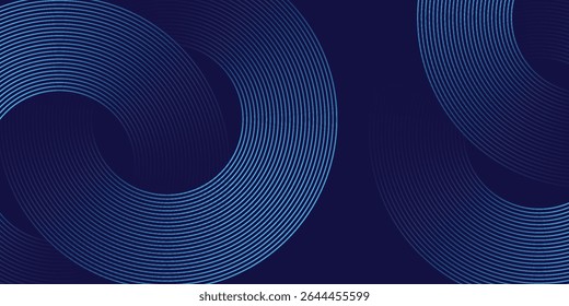 Abstract blue glowing geometric lines on dark blue background. Modern shiny blue circle lines pattern. Futuristic technology concept. Suit for cover, poster, banner, brochure, header, website