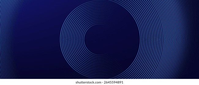 Abstract blue glowing geometric lines on dark blue background. Modern shiny blue circle lines pattern. Futuristic technology concept. Suit for cover, poster,