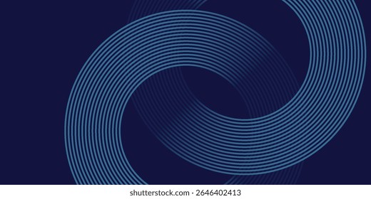 Linhas geométricas brilhantes em azul escuro no fundo. Padrão moderno de linhas de círculo azul brilhante. Conceito de tecnologia futurista. Terno para capa, cartaz, banner eps 10.
