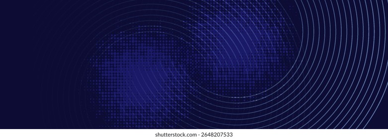 Abstract blue glowing geometric lines on dark blue background. Modern shiny blue circle lines pattern. Futuristic technology concept. Suit for cover, poster, banner, brochure, header, website