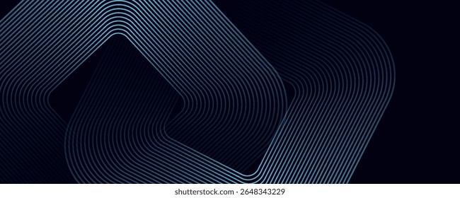 Abstract blue glowing geometric lines on dark background. Modern shiny blue rounded square lines pattern. Futuristic technology concept. Suit for poster, cover, banner, presentation, website, flyer