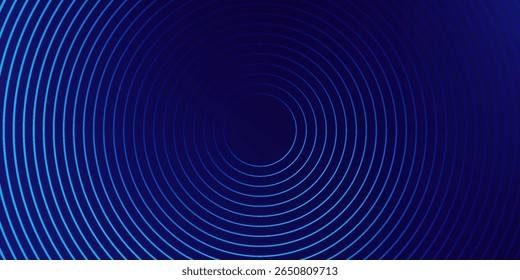 Linhas geométricas brilhantes em azul escuro no fundo. Padrão moderno de linhas de círculo azul brilhante. Conceito de tecnologia futurista. Terno para capa, cartaz, banner, brochura, cabeçalho, site