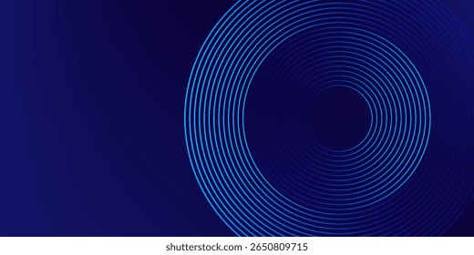 Líneas geométricas brillantes azules Abstractas sobre fondo azul oscuro. Moderno patrón de líneas de círculo azul brillante. Concepto de tecnología futurista. Traje para la cubierta, cartel, Anuncio, folleto, cabecera, Sitio web