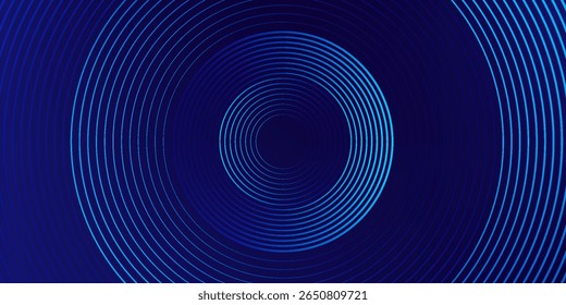 Abstract blue glowing geometric lines on dark blue background. Modern shiny blue circle lines pattern. Futuristic technology concept. Suit for cover, poster, banner, brochure, header, website