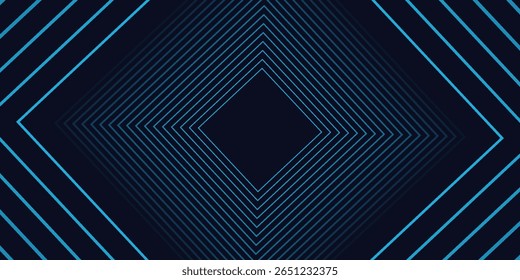 Linhas geométricas brilhantes em azul abstrato sobre fundo escuro. Padrão de linhas quadradas arredondadas azul brilhante moderno. Conceito de tecnologia futurista. Terno para cartaz, capa, banner, apresentação, website, folheto