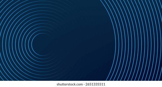 Abstract blue glowing geometric lines on dark blue background. Modern shiny blue circle lines pattern. Futuristic technology concept. Suit for cover, poster, banner, header, website.eps10	