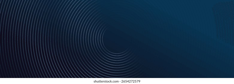 Abstrakte blaue leuchtende geometrische Linien auf dunkelblauem Hintergrund. Moderne glänzende blaue Kreislinien Muster. Futuristisches Technologiekonzept. Anzug für Cover, Poster, Banner, Header, Website.