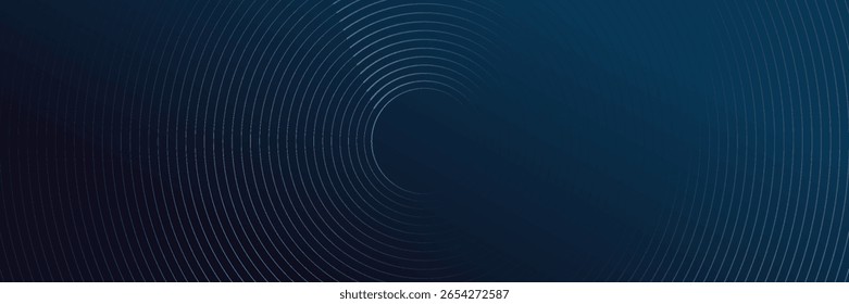 Linhas geométricas brilhantes em azul escuro no fundo. Padrão moderno de linhas de círculo azul brilhante. Conceito de tecnologia futurista. Terno para capa, cartaz, banner, cabeçalho, site.