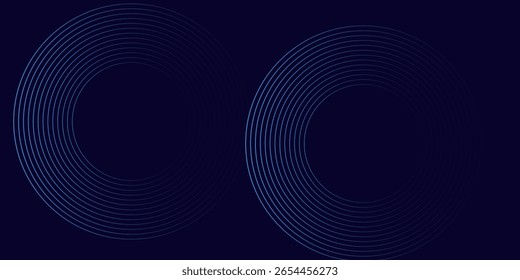 Linhas geométricas brilhantes em azul escuro no fundo. Padrão moderno de linhas de círculo azul brilhante. Conceito de tecnologia futurista. Terno para capa, cartaz, banner, brochura, cabeçalho, site
