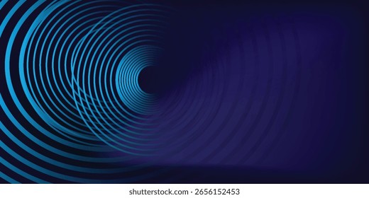 Líneas geométricas brillantes azules Abstractas sobre fondo azul oscuro. Moderno patrón de líneas de círculo azul brillante. Concepto de tecnología futurista. Traje para la cubierta, cartel, Anuncio, folleto, cabecera, Sitio web