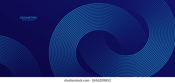 Abstrakte, blau leuchtende geometrische Linien auf blauem Hintergrund. Glänzend blaues Kreislinienmuster. Futuristisches Technologiekonzept. Anzug für Cover, Poster, Banner, Broschüre, Header, Website