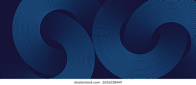 Líneas geométricas brillantes azules Abstractas sobre fondo azul oscuro. Moderno patrón de líneas de círculo azul brillante. Concepto de tecnología futurista. Traje para la cubierta, cartel, Anuncio, folleto, cabecera, Vector