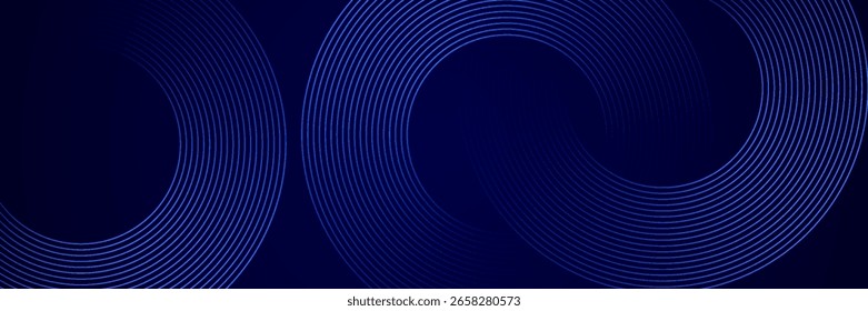 Linhas geométricas brilhantes em azul escuro no fundo. Padrão moderno de linhas de círculo azul brilhante. Conceito de tecnologia futurista. Terno para capa, cartaz, banner, brochura, cabeçalho, site