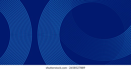 Linhas geométricas brilhantes em azul escuro no fundo. Padrão moderno de linhas de círculo azul brilhante. Conceito de tecnologia futurista. Terno para capa, cartaz, banner, brochura, cabeçalho, site