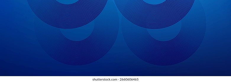 Abstract blue glowing geometric lines on dark blue background. Modern shiny blue circle lines pattern. Futuristic technology concept. Suit for cover, poster, banner, header, website.