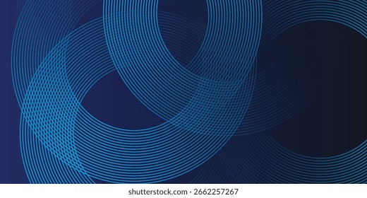Linhas geométricas brilhantes em azul escuro no fundo. Moderno padrão de linhas de círculo brilhante. Conceito de tecnologia futurista. Terno para capa, cartaz, banner, brochura, cabeçalho, site 