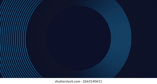 Líneas geométricas brillantes azules Abstractas sobre fondo azul oscuro. Moderno patrón de líneas de círculo azul brillante. Concepto de tecnología futurista. Traje para la cubierta, cartel,