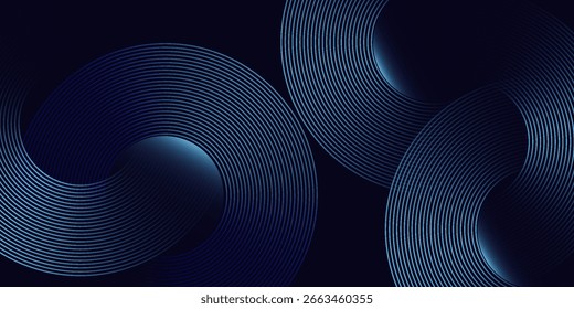 Líneas geométricas brillantes azules Abstractas sobre fondo azul oscuro. Moderno patrón de líneas de círculo azul brillante. Concepto de tecnología futurista. Traje para la cubierta, cartel, Anuncio, folleto, cabecera, Sitio web