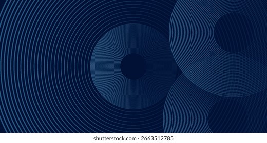 Líneas geométricas brillantes azules Abstractas sobre fondo azul oscuro. Moderno patrón de líneas de círculo azul brillante. Concepto de tecnología futurista. Traje para la cubierta, cartel