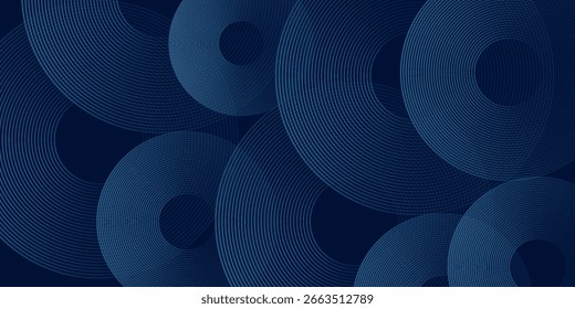 Líneas geométricas brillantes azules Abstractas sobre fondo azul oscuro. Moderno patrón de líneas de círculo azul brillante. Concepto de tecnología futurista. Traje para la cubierta, cartel