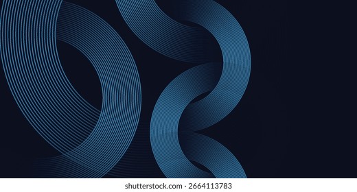 Líneas geométricas brillantes azules Abstractas sobre fondo azul oscuro. Moderno patrón de líneas de círculo azul brillante. Concepto de tecnología futurista. Traje para la cubierta, cartel, Anuncio, folleto, cabecera, Sitio web