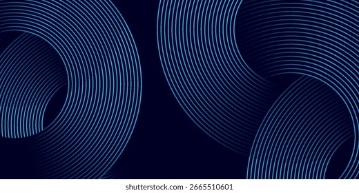Abstract blue glowing geometric lines on dark blue background. Modern shiny blue circle lines pattern. Futuristic technology concept. Suit for cover, poster, banner, brochure, header, website
