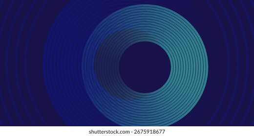 Linhas geométricas brilhantes em azul escuro no fundo. Padrão moderno de linhas de círculo azul brilhante. Conceito de tecnologia futurista. Terno para capa, cartaz, banner, brochura, cabeçalho, simples, arte