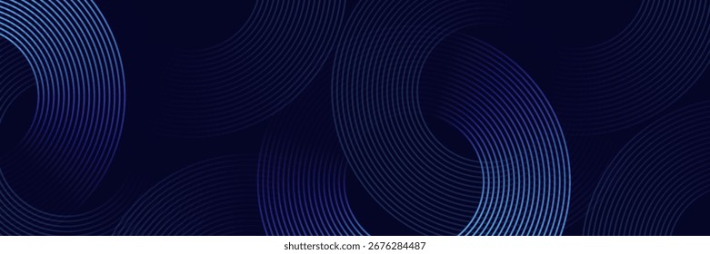 Linhas geométricas brilhantes em azul escuro no fundo. Padrão moderno de linhas de círculo azul brilhante. Conceito de tecnologia futurista. Terno para capa, cartaz, banner, brochura, cabeçalho, site