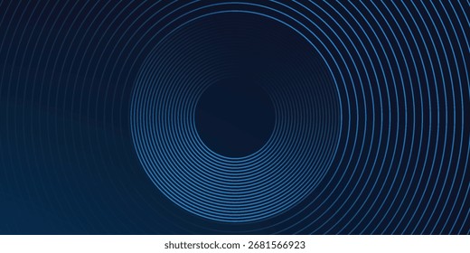 Abstrakte blaue leuchtende geometrische Linien auf dunkelblauem Hintergrund. Moderne glänzende blaue Kreislinien Muster. Futuristisches Technologiekonzept. Anzug für Cover, Poster, Banner, Header, Website.