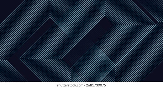 Abstrakte, blau leuchtende geometrische Linien auf dunklem Hintergrund. Modernes glänzendes blaues, abgerundetes quadratisches Linienmuster. Futuristisches Technologiekonzept. Anzug für Poster, Cover, Banner, Präsentation, Website
