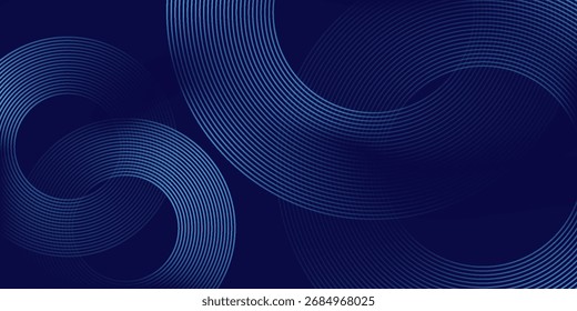 Linhas geométricas brilhantes em azul escuro no fundo. Padrão moderno de linhas de círculo azul brilhante. Conceito de tecnologia futurista. Terno para capa, cartaz, banner, brochura, cabeçalho, site