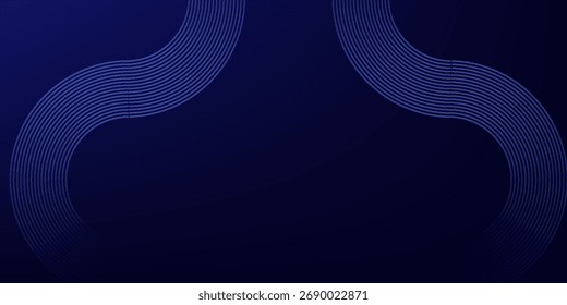 Linhas geométricas brilhantes em azul escuro no fundo. Padrão moderno de linhas de círculo azul brilhante. Conceito de tecnologia futurista. Terno para capa, cartaz, banner, brochura, cabeçalho, site