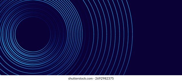 Líneas geométricas brillantes azules Abstractas sobre fondo azul oscuro. Moderno patrón de líneas de círculo azul brillante. Concepto de tecnología futurista. Traje para la cubierta, cartel, Anuncio, folleto, cabecera, Sitio web