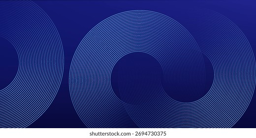 Linhas geométricas brilhantes em azul escuro no fundo. Padrão moderno de linhas de círculo azul brilhante. Conceito de tecnologia futurista. Terno para capa, cartaz, banner, brochura, cabeçalho, site