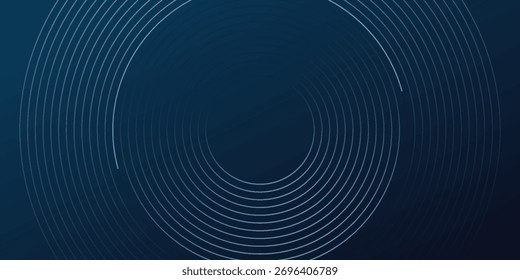 Abstract blue glowing geometric lines on dark blue background. Modern shiny blue circle lines pattern. Futuristic technology concept. Suit for cover, poster, banner, header, website.