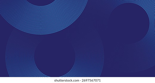 Linhas geométricas brilhantes em azul escuro no fundo. Padrão moderno de linhas de círculo azul brilhante. Conceito de tecnologia futurista. Terno para capa, cartaz, banner, brochura, cabeçalho, 
