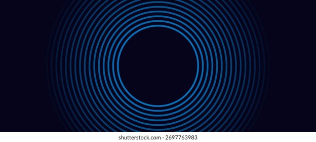 Linhas geométricas brilhantes em azul escuro no fundo. Padrão moderno de linhas de círculo azul brilhante. Conceito de tecnologia futurista.