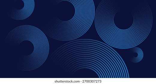 Líneas geométricas brillantes azules Abstractas sobre fondo azul oscuro. Moderno patrón de líneas de círculo azul brillante. Concepto de tecnología futurista. Traje para la cubierta, cartel, Anuncio, folleto, cabecera, Sitio web
