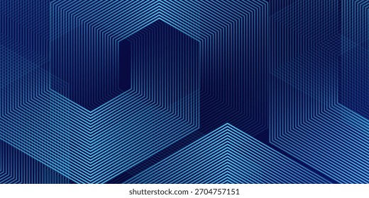 Líneas geométricas brillantes azules Abstractas sobre fondo azul oscuro. Elegante moderno patrón de líneas hexagonales azules brillantes. Concepto geométrico del arte de la línea de la raya. Tecnología concepto futurista. Ilustración vectorial