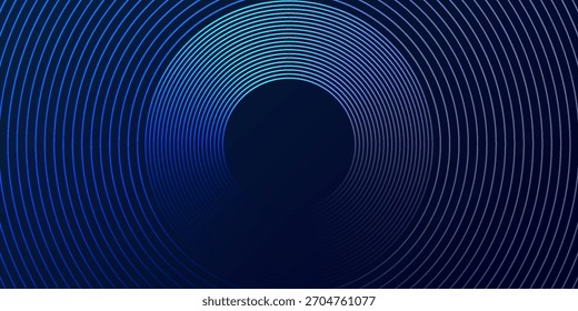Linhas geométricas brilhantes em azul escuro no fundo. Padrão moderno de linhas de círculo azul brilhante. Conceito de tecnologia futurista. Terno para capa, cartaz, banner, cabeçalho, website.eps10