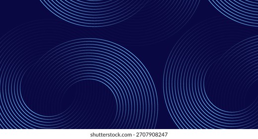 Abstract blue glowing geometric lines on dark blue background. Modern shiny blue circle lines pattern. Futuristic technology concept. Suit for cover, poster, banner, brochure, header, website