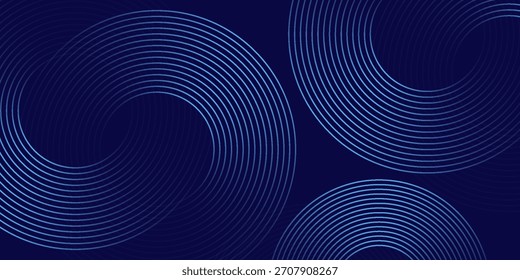 Abstrakte blaue leuchtende geometrische Linien auf dunkelblauem Hintergrund. Moderne glänzende blaue Kreislinien Muster. Futuristisches Technologiekonzept. Anzug für Cover, Poster, Banner, Broschüre, Header, Website