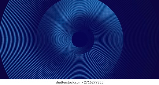 Abstrakte blaue leuchtende geometrische Linien auf dunkelblauem Hintergrund. Moderne glänzende blaue Kreislinien Muster. Futuristisches Technologiekonzept. Anzug für Cover, Poster, Banner, Broschüre, Header, Website