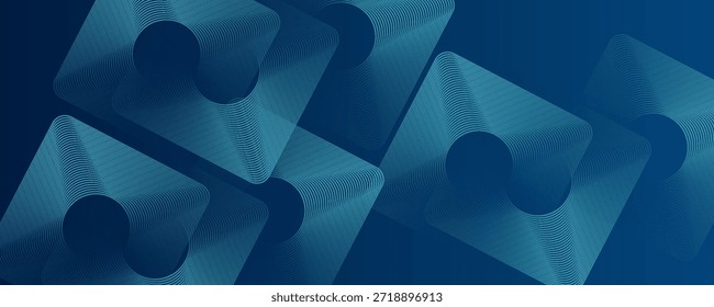 Linhas geométricas brilhantes em azul abstrato sobre fundo escuro. Padrão de linhas quadradas arredondadas azul brilhante moderno. Terno para cartaz, capa, banner, apresentação, website, folheto